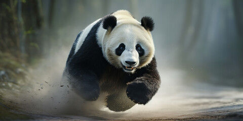 Dynamic Giant Panda in Mid-Sprint, Action Shot With Flying Dust in Natural Habitat for Wildlife and...