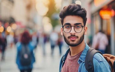 Obraz premium Multiracial Man With Glasses and Backpack on City Street