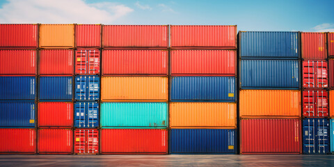Fototapeta premium Busy Harbor: Colorful Containers and Heavy Freight in an Industrial Shipping Port under Clear Blue Sky