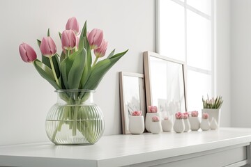Decorated interior of a home. A vase of pink tulips against a white background