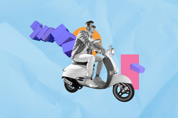 Creative trend collage of man riding scooter shipping package commercial company goods seller weird...