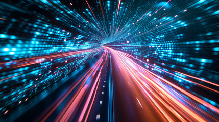 Fototapeta na wymiar Abstract Speed of Light Motion Blur in Cyberspace - High-Speed Internet Concept with Data Streaming, Technology and Digital Connectivity