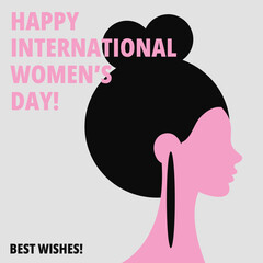 Isolated flat vector postcard for 8 march. International women's day. Women's hairstyles and portraits. Pink, white and black women colors. Trendy design set.