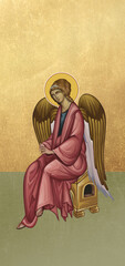 Traditional Christian icon of angel. Christian antique illustration on golden background in Byzantine style