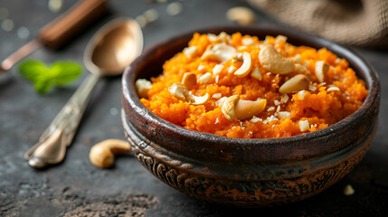 Gajar ka halwa is a carrot-based sweet dessert pudding from India. Garnished with Cashew/almond nuts. served in a bowl. generative ai - obrazy, fototapety, plakaty
