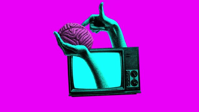 Retro tv set and human hand holding brain against pink background. Manipulation and propaganda. Stop motion, animation. Concept of y2k style, creativity, surrealism, abstract art, imagination.