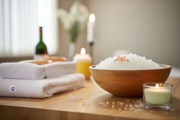 spa setting with s and a bowl of salt
