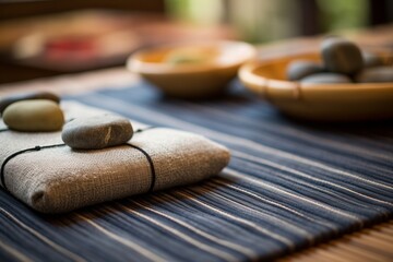 close-up of massage stones neatly placed on a bamboo mat