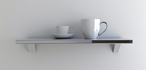 Fototapeta na wymiar Sleek chrome kitchen shelf, empty white mug, high-tech luxury.