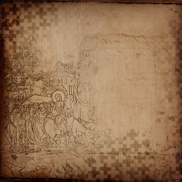 Christian religious aged background. Scrapbooking vintage paper design in Byzantine style