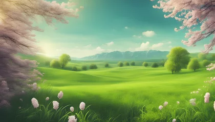 Tuinposter spring landscape with grass and flowers © Md Imranul Rahman