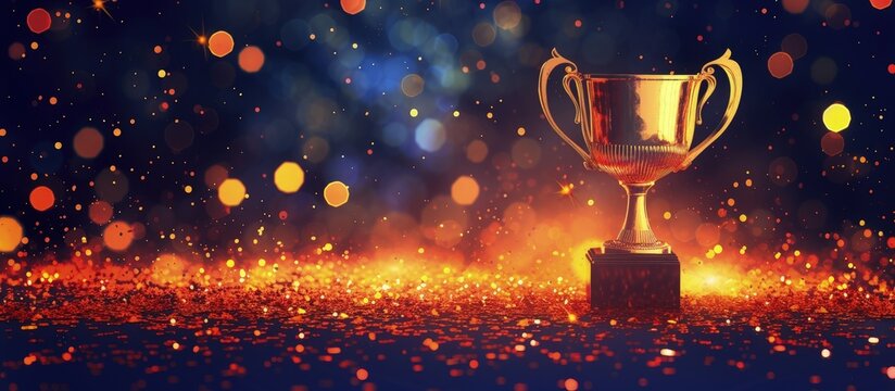 Golden winning Trophy with abstract shiny lights on a dark blur background. Generated AI image