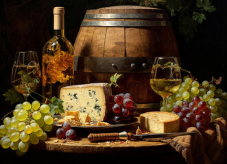 a painting of a wine barrel, cheese, and grapes on a table with a barrel of wine and a glass of wine, generative ai