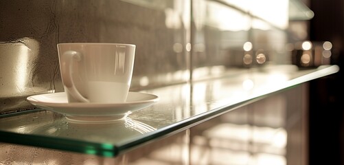 Art Deco-inspired mirrored glass shelf, empty white mug, contemporary opulence.