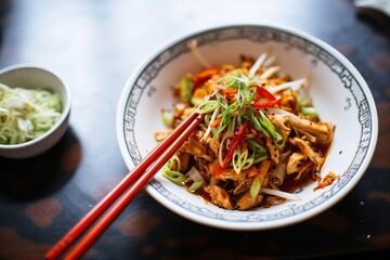 diner using chopsticks for spicy sichuan chicken dish