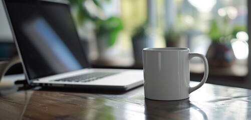 Empty white mug near a laptop with an open 180-degree hinge for versatility.