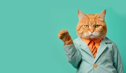 Orange cat in clothes with rising a hand on a green background with space for copy text. For funny banner and animal creative concept.