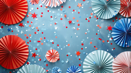 4th of July American Independence Day. Happy Independence Day. Red, blue and white star confetti, paper decorations on light blue background. Flat lay, top view, copy space - AI Generated