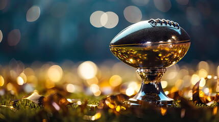 Tropy football on bokeh background for super bowl day with copy space - AI Generated - obrazy, fototapety, plakaty