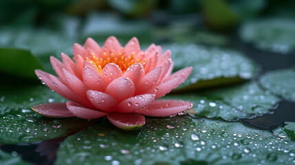 Beautiful pink lotus flower with a green leaf in the pond