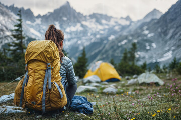 Fototapeta premium Hiker Enjoying Mountain View at Campsite. Generative AI