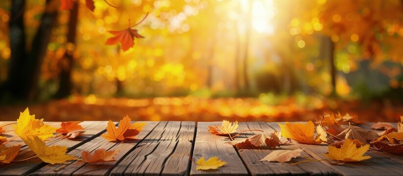 Autumn scenery with yellow leaves on a wooden board blur background. Generated AI image