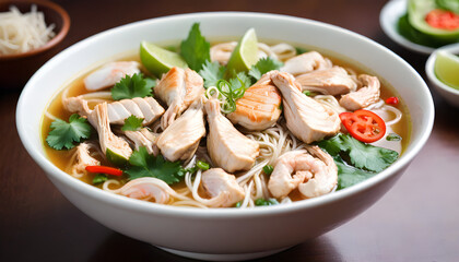 Savory Chicken Pho in a White Bowl Garnished With Fresh Herbs and Chili