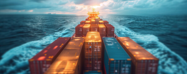 Container vessel with cargo sailing on the ocean. Shipment of goods, logistics concept. - obrazy, fototapety, plakaty