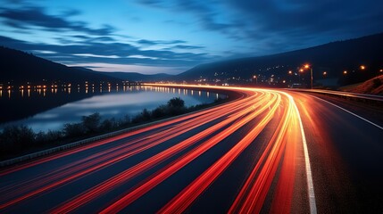 Long exposure of a road with light trails of passing vehicles at night - obrazy, fototapety, plakaty