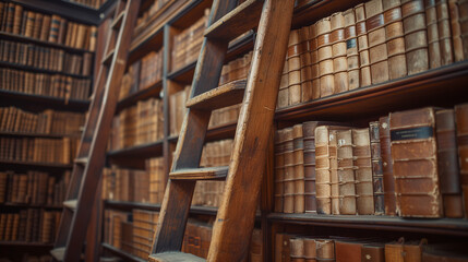 Vintage Library Panorama with Wooden Ladder and Aged Books - Classic Literature, Historical Archives, and Intellectual Heritage Concept