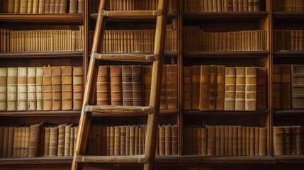 Vintage Library Panorama with Wooden Ladder and Aged Books - Classic Literature, Historical Archives, and Intellectual Heritage Concept