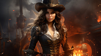 A mighty female pirate in steampunk style, halloween motive	
