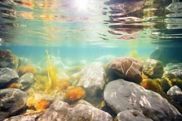 Naklejka na ściany i meble sun spots illuminating the crystal clear water of a natural spring
