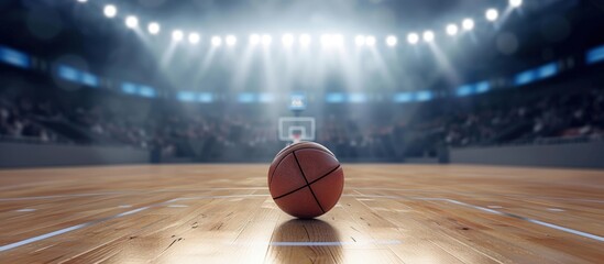 Close up of basketball on arena stadium court floor with spotlights. AI generated images