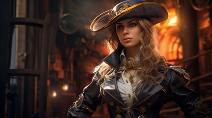 A mighty female pirate in steampunk style, halloween motive 
