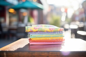 pile of rainbowcolored napkins on a caf table in sunshine