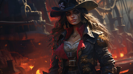A mighty female pirate in red colors, halloween motive	