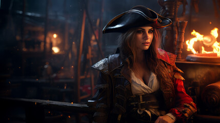 A mighty female pirate in red colors, halloween motive	