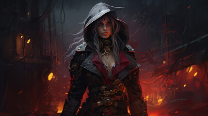 A mighty female pirate in red colors, halloween motive	