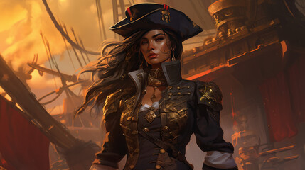 A mighty female pirate in red colors, halloween motive	