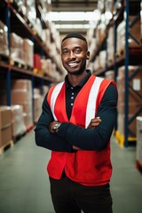 The warehouse worker stands amidst the symphony of forklifts, orchestrating the dance of inventory. African American worker in a red west standing in warehouse and smiley looking at camera.