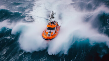 Courageous Voyage: Orange Vessel Navigating Treacherous Waters