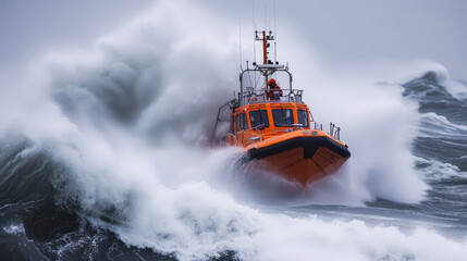 Rescue in Action: Bold Orange Boat Battles the Roaring Sea