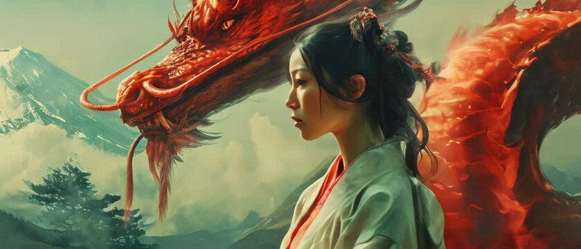 Asian woman standing at the top of a mountain with a red dragon 
