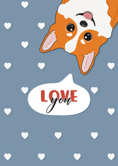 Naklejka premium Cute cartoon welsh corgi with hearts and the inscription I love you. Happy Valentine's day greeting card. Vector illustration.
