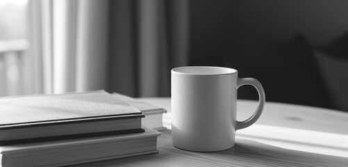 Empty white mug on a table with grayscale books, bird's eye angle.