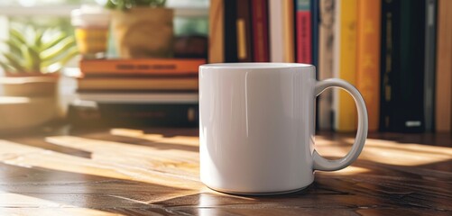 Empty white mug on a table with warm-toned books, side view.