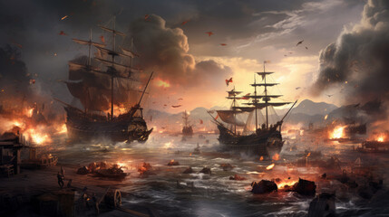 A epic pirate battle  on the high seas