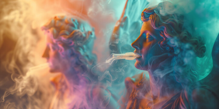 classical angels smoking wonder weed and transcendental dreaming, elongated, joyful and optimistic smoke fill background.