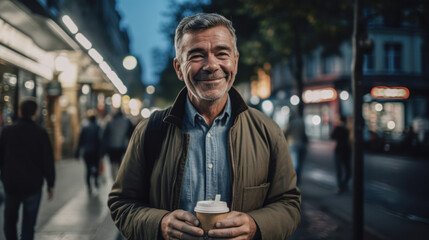 Mature man in the city at night with a backpack and a takeaway coffee, tourist. Created with AI.